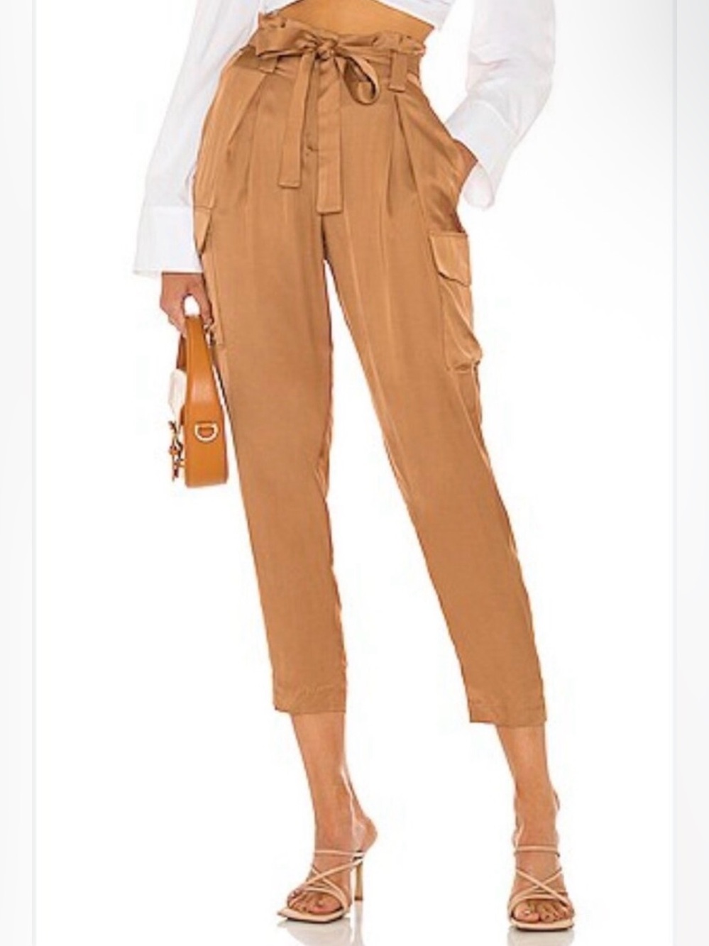 L’AGENCE Satin Paperbag Cargo Pants Camel High Rise Belted Cropped Women’s 6